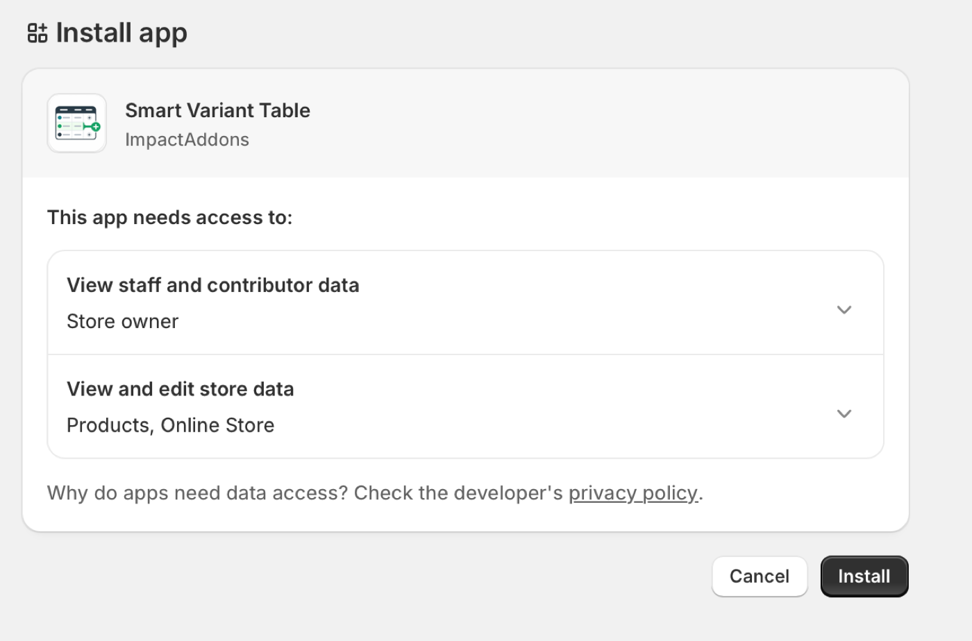 Shopify install app screen for Smart Variant Table